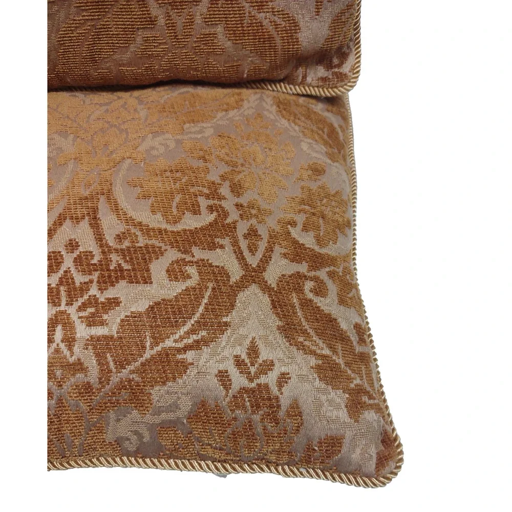 Set of 2 VTG Damask Throw Pillows Brown Gold Corded Trim 15x15 Jacquard Damask